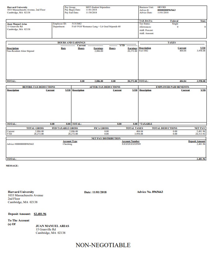 Download Harvard university  pay stub in PDF and Word format Photoshop template